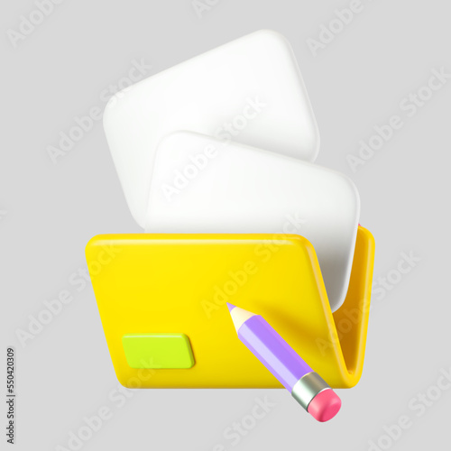 3d yellow computer file folder icon with blank document and pencil isolated on background. Render folder with paper for management file concept. 3d cartoon simple vector illustration