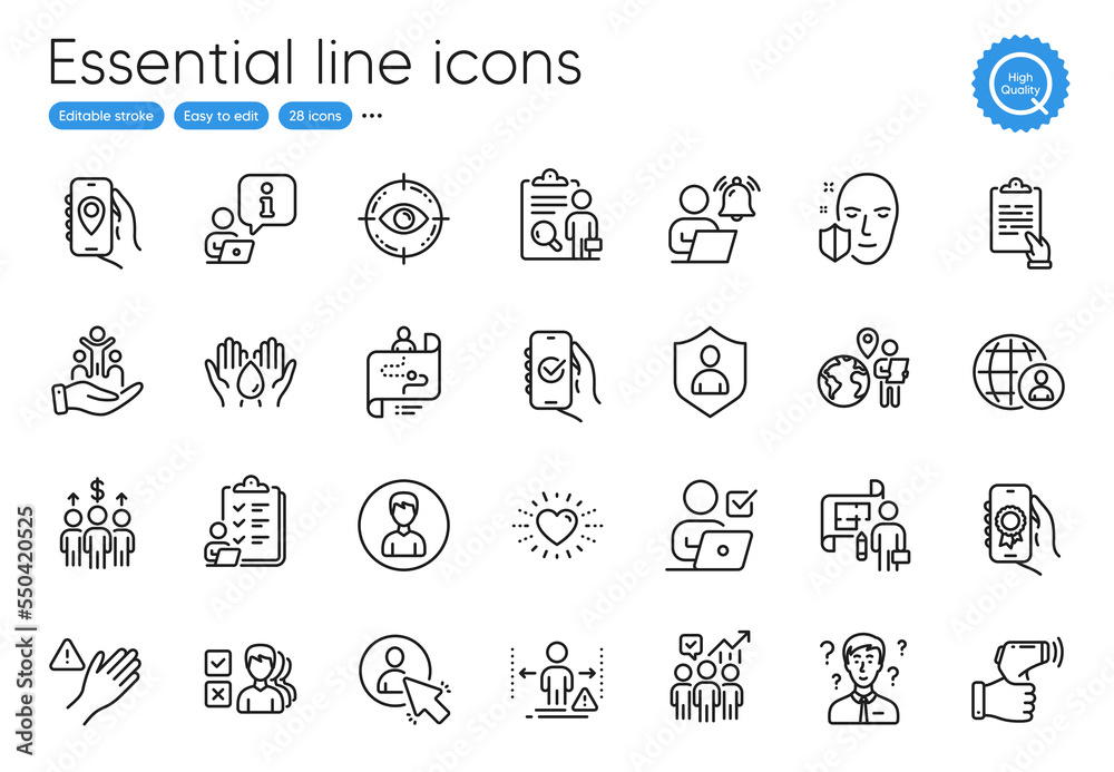 Safe water, Social distance and Location app line icons. Collection of Security, Meeting, Award app icons. Inspect, Opinion, Support consultant web elements. Online voting. Vector