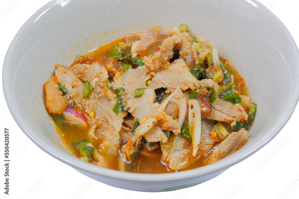 Street Food, Spicy Grilled Pork Salad, White Background Street Food, Spicy Grilled Pork Salad, White Background