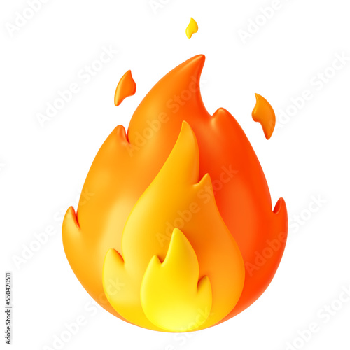 3d fire flame icon with burning red hot sparks isolated on white background. Render sprite of fire emoji, energy and power concept. 3d cartoon simple vector illustration