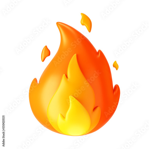 3d fire flame icon with burning red hot sparks isolated on white background. Render sprite of fire emoji, energy and power concept. 3d cartoon simple vector illustration
