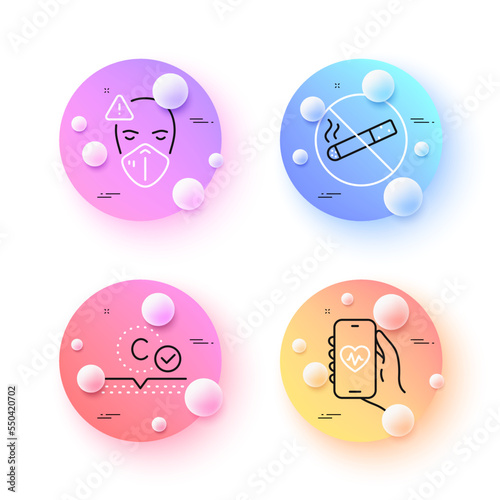 Medical mask, Collagen skin and No smoking minimal line icons. 3d spheres or balls buttons. Health app icons. For web, application, printing. Face respirator, Skin care, Stop cigarette. Vector