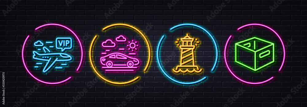 Car travel, Lighthouse and Vip flight minimal line icons. Neon laser 3d lights. Office box icons. For web, application, printing. Transport, Searchlight tower, Charter airplane. Delivery box. Vector