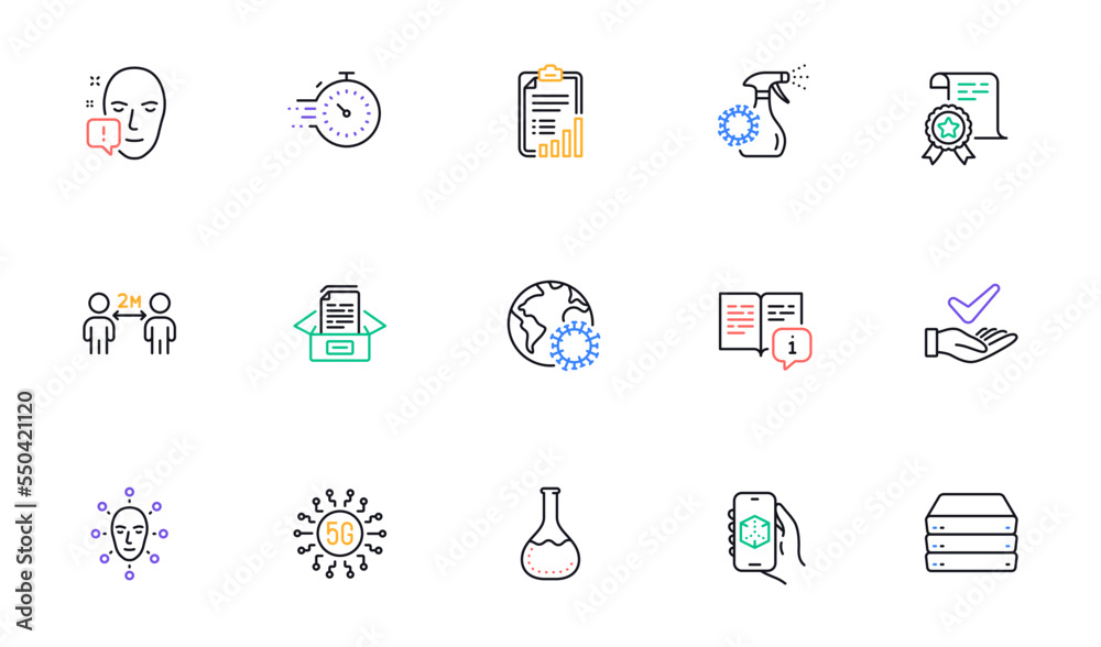Coronavirus, Dermatologically tested and Manual line icons for website, printing. Collection of Coronavirus spray, 5g technology, Documents box icons. Chemistry lab, Face attention. Vector