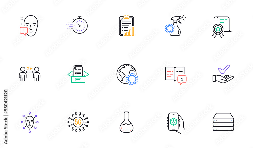 Coronavirus, Dermatologically tested and Manual line icons for website, printing. Collection of Coronavirus spray, 5g technology, Documents box icons. Chemistry lab, Face attention. Vector Coronavirus, Dermatologically tested and Manual line icons for website, printing. Collection of Coronavirus spray, 5g technology, Documents box icons. Chemistry lab, Face attention. Vector