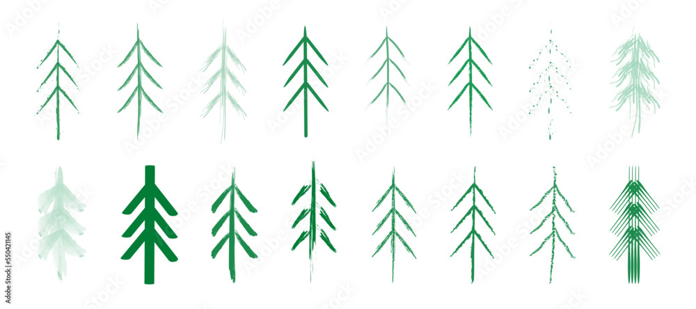 A set of textured Christmas trees with straight branches drawn by hand. Isolated vector stylized illustrations. Christmas elements for postcards, banners, templates. A set of textured Christmas trees with straight branches drawn by hand. Isolated vector stylized illustrations. Christmas elements for postcards, banners, templates.