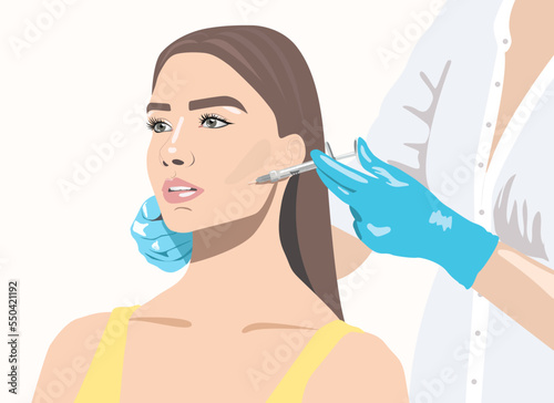 Vector illustration. Cosmetologist makes anti-wrinkle injections on the face of a beautiful woman. Women's aesthetic cosmetology in a beauty salon.