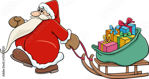 cartoon Santa Claus pulling a sleigh with Christmas gifts