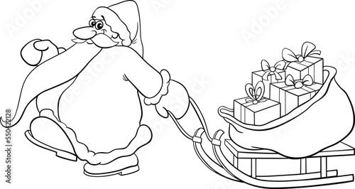 cartoon Santa Claus pulling a sleigh gifts coloring page