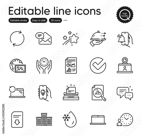 Set of Technology outline icons. Contains icons as Alarm clock, Time management and Food delivery elements. Full rotation, Video conference, Electric app web signs. New mail, Laptop. Vector
