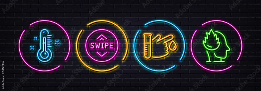 Thermometer, Swipe up and Blood donation minimal line icons. Neon laser 3d lights. Stress icons. For web, application, printing. Temperature control, Scroll screen, Medicine analyze. Vector