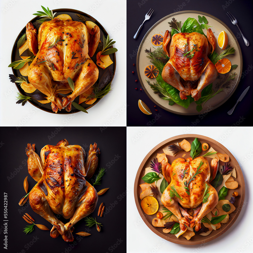 Full Roasted Chicken Top View Photo in Four Different Variation and