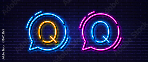 Initial letter Q icon. Neon light line effect. Line typography character sign. Large first font letter. Glowing neon light speech bubble. Letter Q glow 3d line. Brick wall banner. Vector