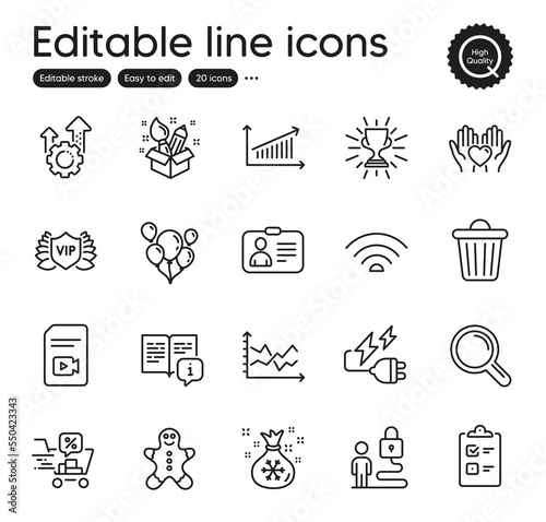 Set of Business outline icons. Contains icons as Vip security, Balloons and Trophy elements. Manual, Discounts cart, Lock web signs. Research, Checklist, Chart elements. Id card. Vector