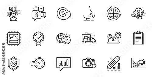 Outline set of Globe, Financial diagram and Clipboard line icons for web application. Talk, information, delivery truck outline icon. Include Cloud computing, Dollar exchange, Confirmed icons. Vector