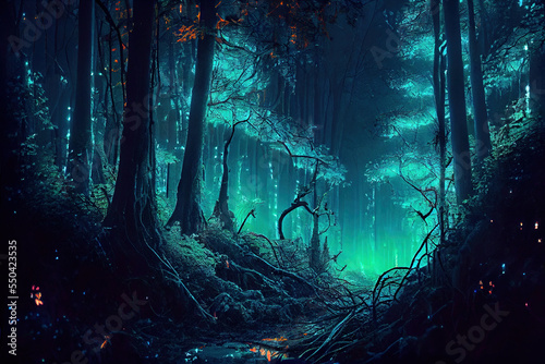 A fantasy mystical forest at night with a path and glowing greenish foggy lights