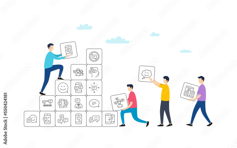 Message sms and Communication icons. People team work concept. Group chat, Conversation and Speech bubbles icons. SMS communication, Phone chat and Stop talking symbols. Vector Message sms and Communication icons. People team work concept. Group chat, Conversation and Speech bubbles icons. SMS communication, Phone chat and Stop talking symbols. Vector