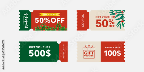 Gift voucher coupon.For Christmas sales and Discount online purchases. Percentage label with gift box and balloon isolated on pink background. 