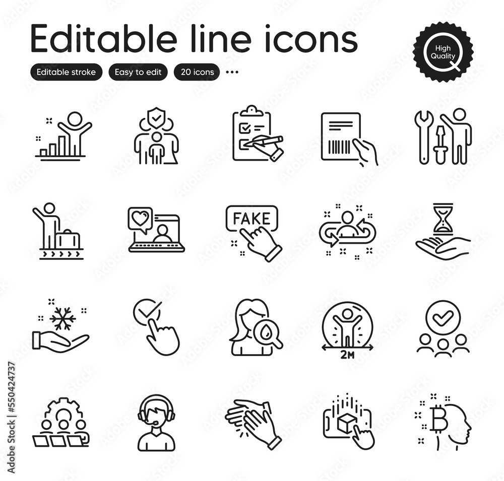 Set of People outline icons. Contains icons as Teamwork, Freezing and Time hourglass elements. Approved group, Moisturizing cream, Checklist web signs. Luggage belt, Family insurance. Vector