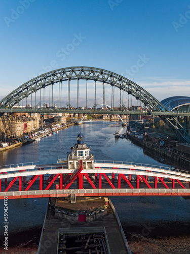 Newcastle upon Tyne quayside with Swing and Tyne bridges.
