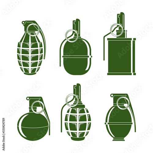 Silhouettes of various combat grenades on a white background. 