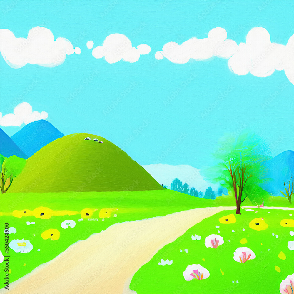 Naklejka premium Digital painting beautiful nature landscape, eco green trees, peaceful sky. Graphic design background for banners and prints, web backdrop illustration. Minimalist art.