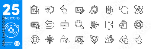 Outline icons set. Undo, Recycle and Internet icons. Full rotation, Lock, Vinyl record web elements. Hydroelectricity, Photo edit, Warning signs. Balloons, Certificate, Search. Vector