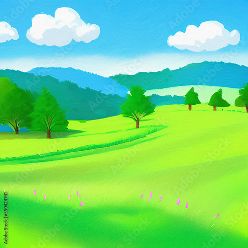 Digital painting beautiful nature landscape  eco green trees  peaceful sky. Graphic design background for banners and prints  web backdrop illustration. Minimalist art.