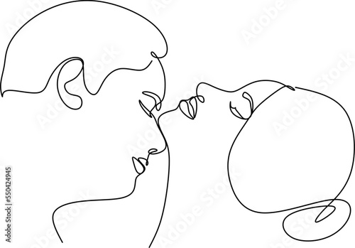 Line art of a kissing couple. Line drawing of a man and a woman in love. Valentine's Day minimalistic modern card illustration. Wedding logo. Romantic postcard. Love concept. Fall in love.