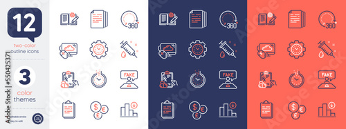 Set of Prescription drugs, Decreasing graph and Engineering documentation line icons. Include Time, Medical syringe, Time management icons. Copy documents, Fake review. Bicolor outline icon. Vector