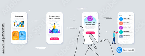 Set of Phone payment, Online survey and Blood donation line icons. Phone ui interface. Include Instruction manual, Parking security, Medical drugs icons. Vector