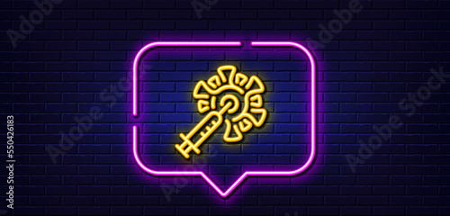 Neon light speech bubble. Coronavirus vaccine line icon. Corona syringe sign. Covid jab symbol. Neon light background. Coronavirus vaccine glow line. Brick wall banner. Vector