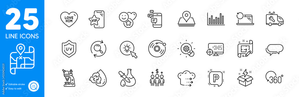 Outline icons set. Search, Smile and Pin icons. Communication, Microscope, Map web elements. Bar diagram, Full rotation, Recovery laptop signs. Vip phone, Messenger, Innovation. Vector