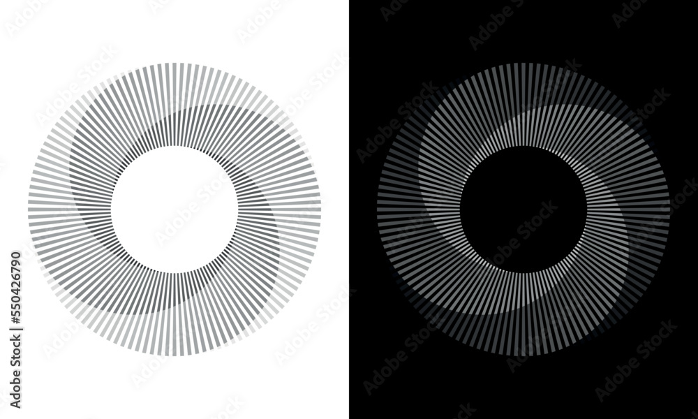 Set of circles with lines. Lines in one color with different opacity. Black spiral on white background and white spiral on black background. Dynamic design element with 4 parts. - obrazy, fototapety, plakaty 