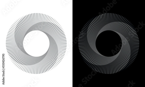 Set of circles with lines. Lines in one color with different opacity. Black spiral on white background and white spiral on black background. Dynamic design element with 4 parts.