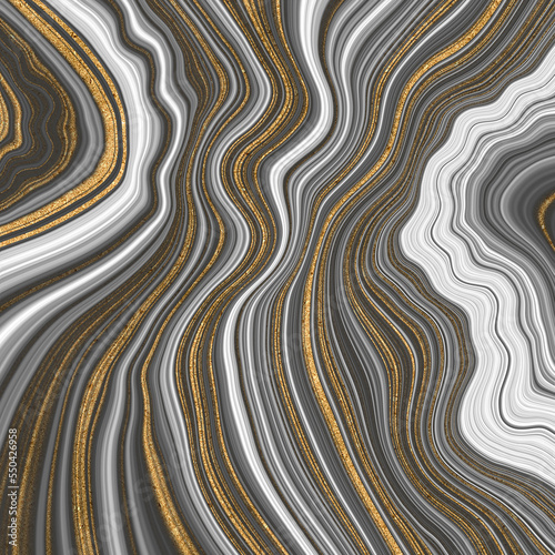 Agate marble surface with umbra gold black and white curly veins. Abstract texture background illustration.