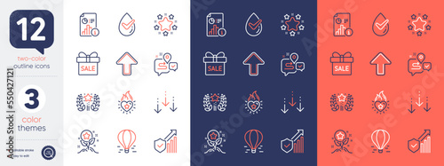 Set of Sale offer, Heart flame and Report line icons. Include Loyalty points, Scroll down, Stars icons. Security statistics, Journey, Upload web elements. Dermatologically tested. Vector