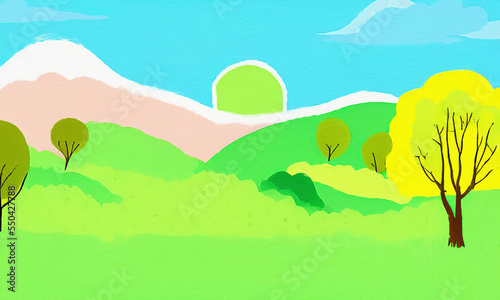 Digital painting beautiful nature landscape  eco green trees  peaceful sky. Graphic design background for banners and prints  web backdrop illustration. Minimalist art.