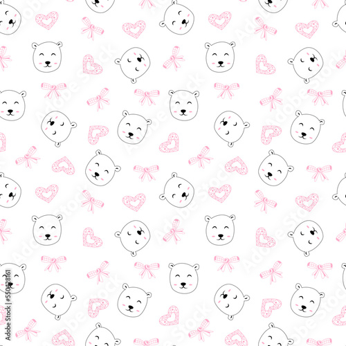 Fototapeta Naklejka Na Ścianę i Meble -  Cute nursery seamless pattern isolated on white background. Bear animal doodle icon.