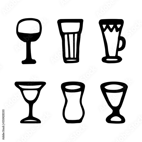 Vector outline alcohol glasses icon set. Types of alcohol drinks glasses. Design elements for menus, pubs, postcards, advertising. Various glasses for alcoholic drinks in doodle style
