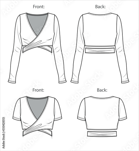 Vector cut out long sleeved t shirt fashion CAD, woman winter yoga wrap crop top technical drawing, template, sketch, flat, mock-up. Jersey modern 2 pieces set top with front, back view, white color