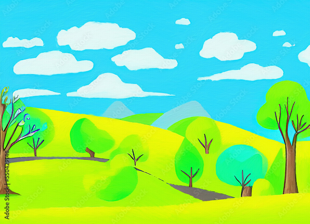 Fototapeta premium Digital painting beautiful nature landscape, eco green trees, peaceful sky. Graphic design background for banners and prints, web backdrop illustration. Minimalist art.