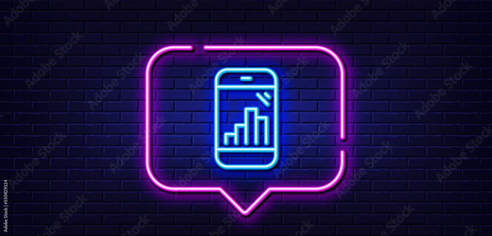 Neon light speech bubble. Graph phone line icon. Column chart sign. Growth diagram symbol. Neon light background. Graph phone glow line. Brick wall banner. Vector Neon light speech bubble. Graph phone line icon. Column chart sign. Growth diagram symbol. Neon light background. Graph phone glow line. Brick wall banner. Vector
