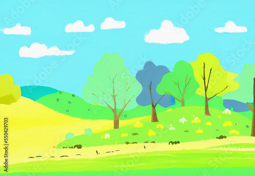 Digital painting beautiful nature landscape  eco green trees  peaceful sky. Graphic design background for banners and prints  web backdrop illustration. Minimalist art.