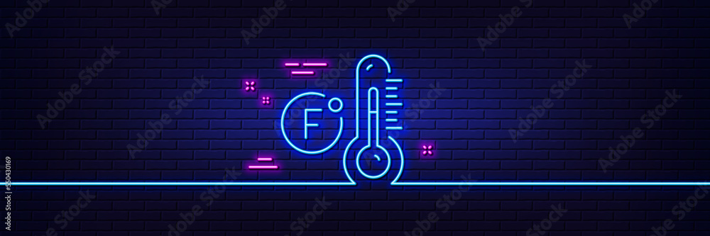 Neon light glow effect. Fahrenheit thermometer line icon. Temperature diagnostic sign. Fever measuring symbol. 3d line neon glow icon. Brick wall banner. Fahrenheit thermometer outline. Vector Neon light glow effect. Fahrenheit thermometer line icon. Temperature diagnostic sign. Fever measuring symbol. 3d line neon glow icon. Brick wall banner. Fahrenheit thermometer outline. Vector