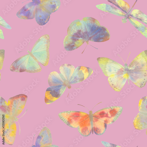 colorful butterflies, drawn in watercolor, collected in a seamless pattern for wallpapers, invitations, wrapping paper. © Sergei