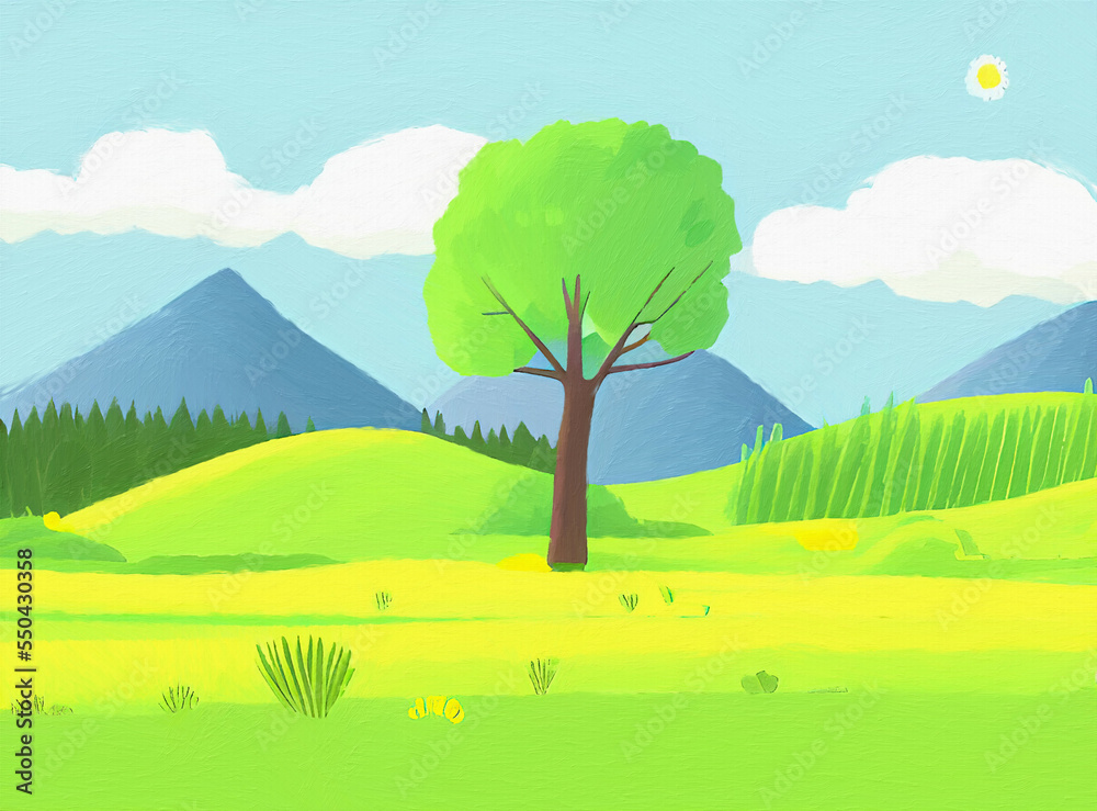 Digital painting illustration of spring or summer beautiful landscape. Rural motifs, ecology, nature.