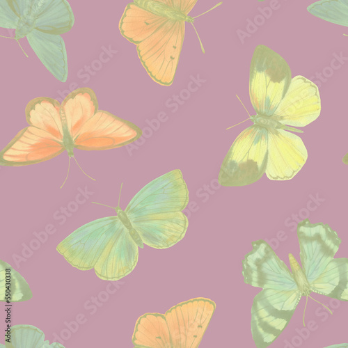 Multi-colored butterflies painted in watercolor, collected in a pattern. Seamless background of watercolor butterflies for wallpapers, textiles, wrapping paper, postcards. © Sergei