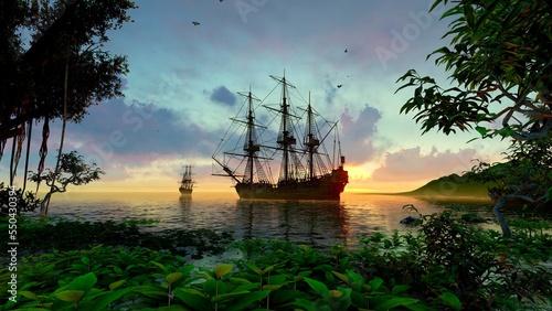 Billede på lærred Ancient wooden ship in the bay of the island at sunset