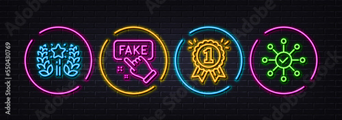 Fake information, Ranking and Reward minimal line icons. Neon laser 3d lights. Survey check icons. For web, application, printing. False truth, Laurel wreath, First place. Correct answer. Vector